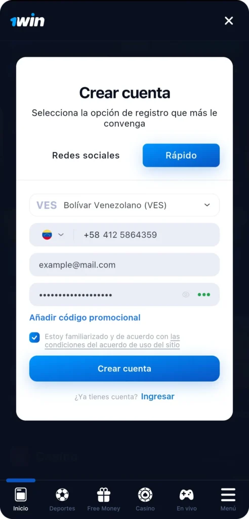 1Win Registro y Login entrada de datos
