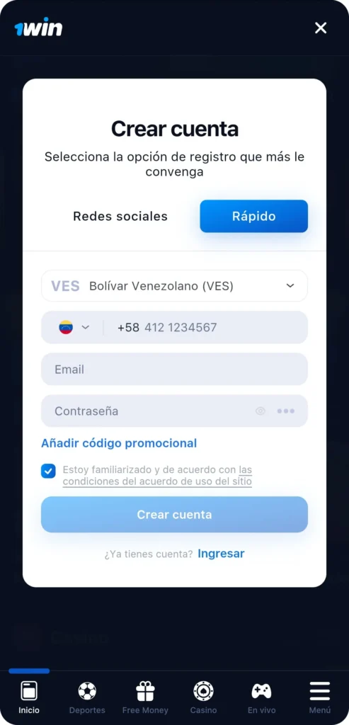 1Win Registro y Login Crear Cuenta